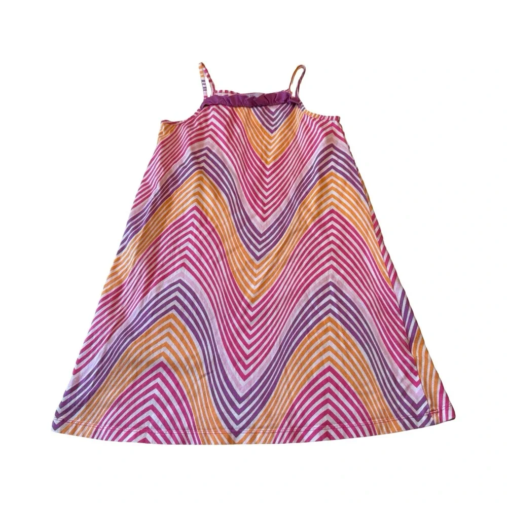 Hanna Andersson Girls Pink Orange Chevron Cotton Ruffle Sun Dress Size 8‎